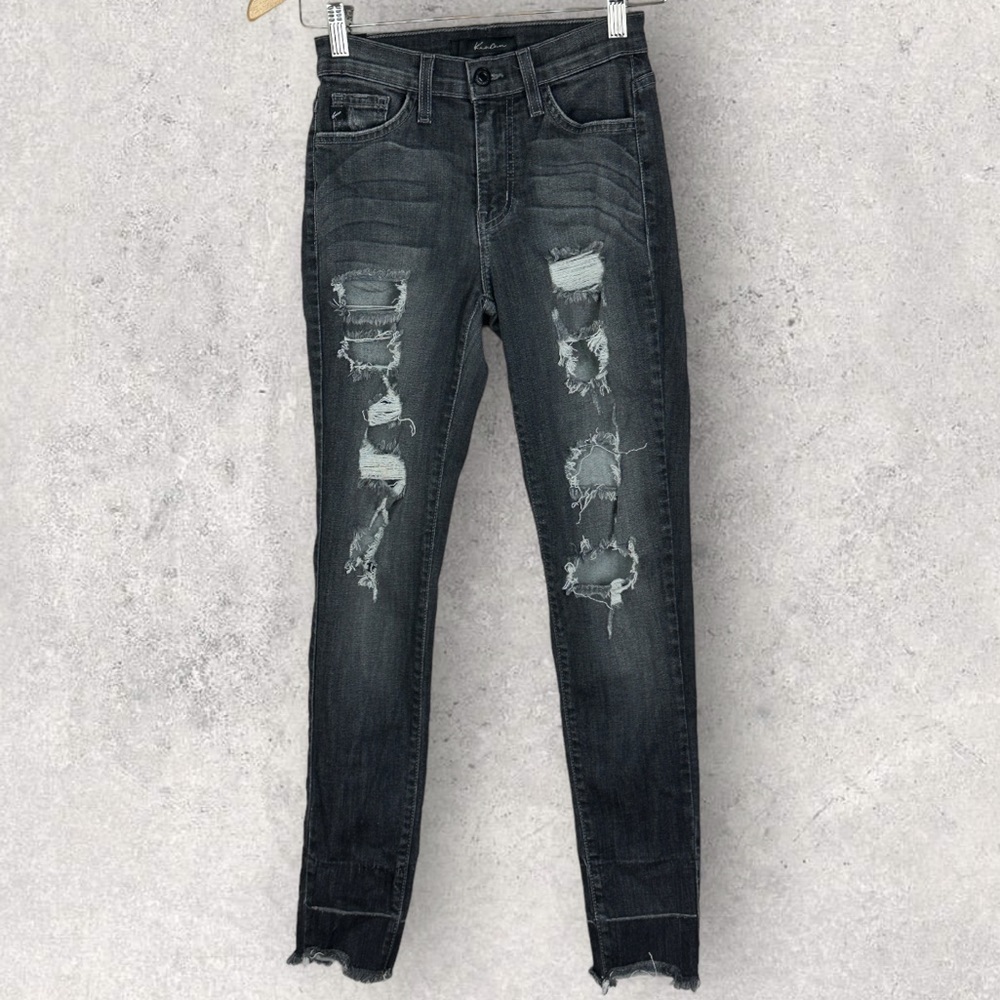 Kancan USA Distressed Raw Hem Black Ankle Skinny‎ Stretch Jeans Size 26 Denim - Picture 4 of 12